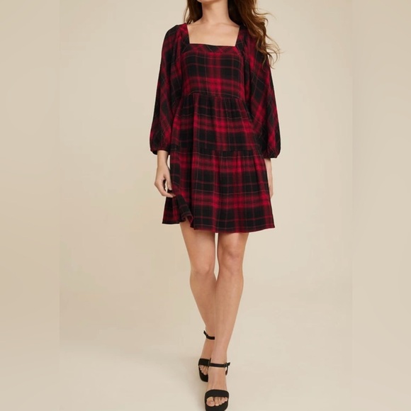 Maurices Red Black Plaid Babydoll Tiered Dress NWT S - Picture 9 of 9